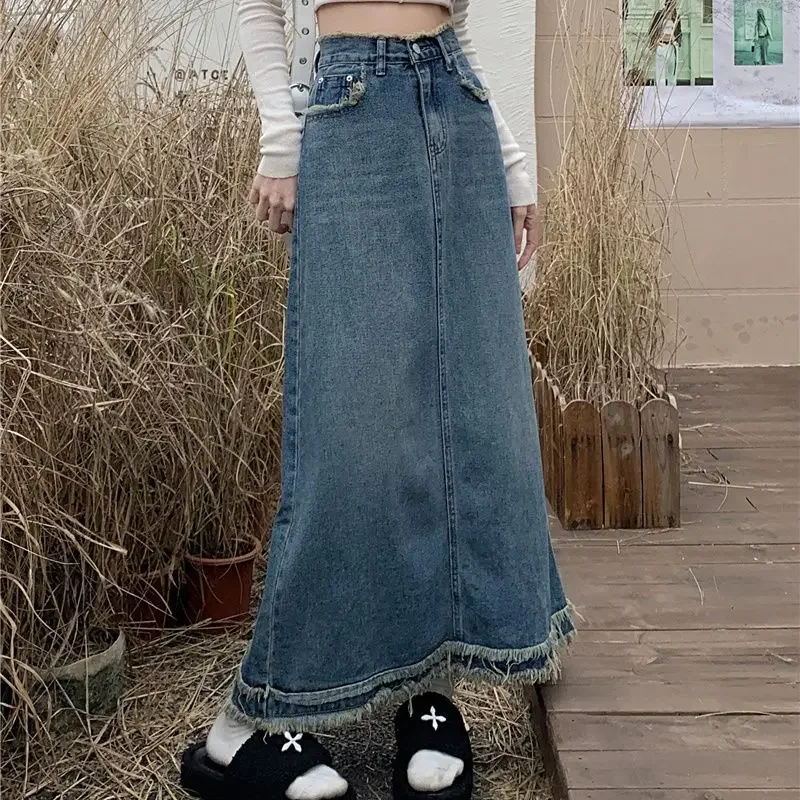 Deeptown Denim Skirt Vintage Women Elegant Fashion Autumn Long Jean Skirt Retro High Waist Streetwear Slim Up A-line Midi Skirts