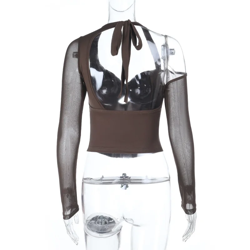 Fashionable Slim Short Style Sexy Perspective Shirt Autumn 2025 Women's European Style Clothing V- Neckline Up Top Wholesale