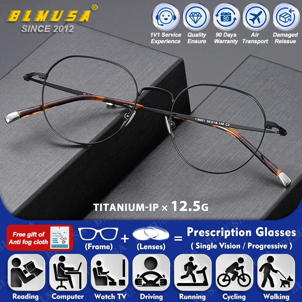 

BLMUSA (S) Simple Men Ultralight Titanium Myopia Prescription Glasses Anti Blue Ray Photochromic Progressive Optical Eyeglasses