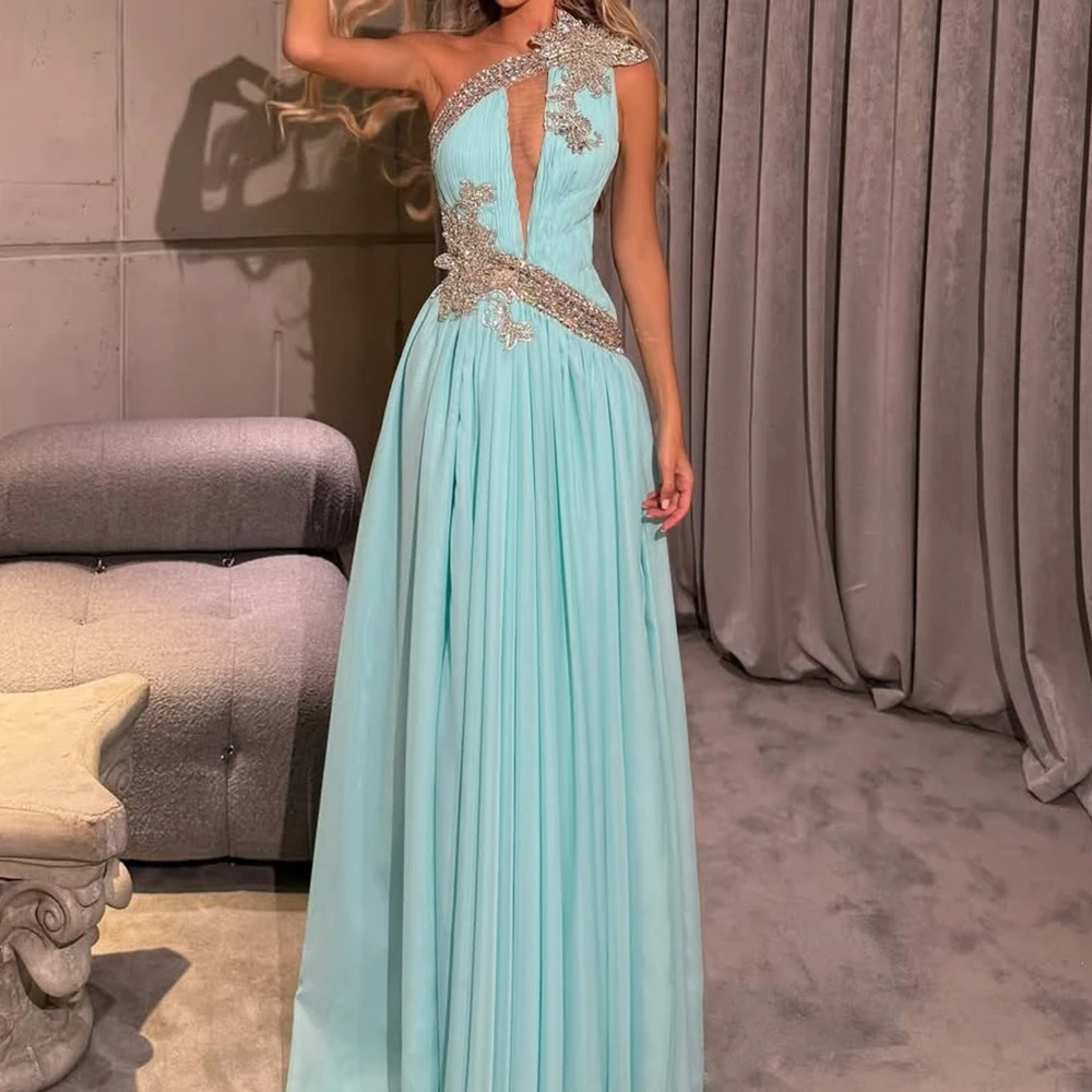 

Customized A-line Evening Dresses Floor-length One-shoulder Sleeveless Prom Gown Fashion Crystal Flowers Draped Party Gown