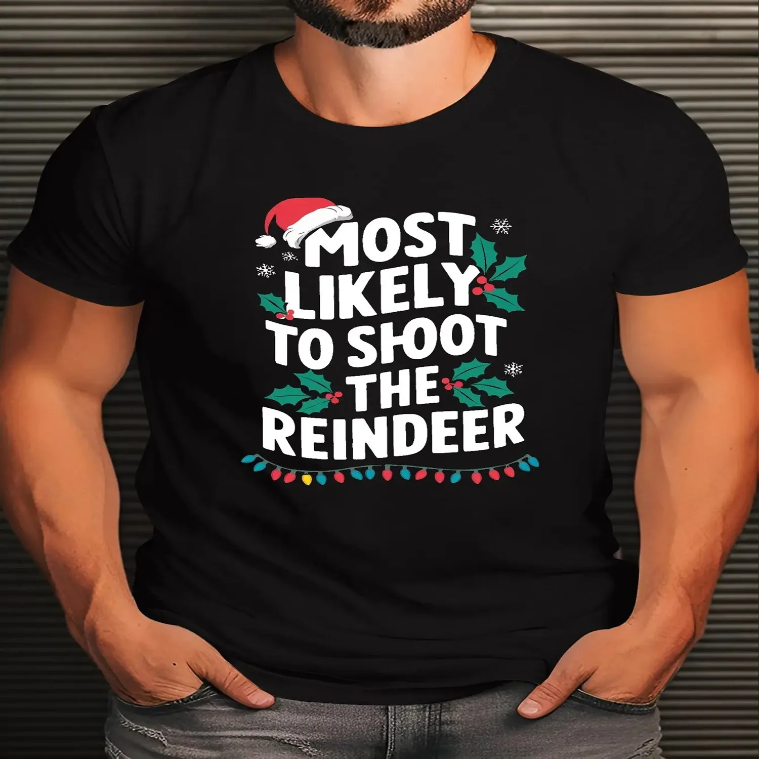 Men's Most Likely to Shoot a Reindeer Iron-On Transfer Print T-Shirt - Casual Polyester Knit Fabric, Geometric Pattern, Crew Neck, Regular Fit, Summer Short Sleeve T-Shirt merry christmas tee, christmas gift