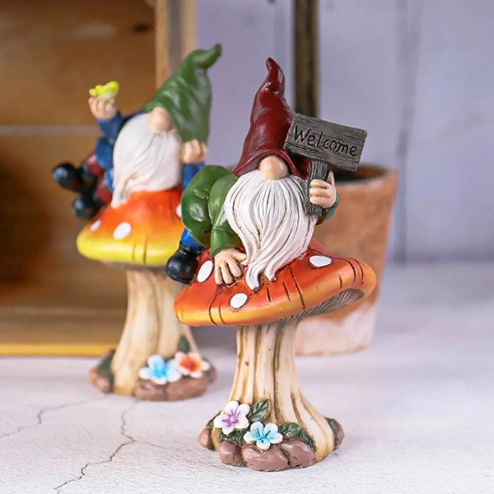 Resin Garden Elf Mushroom Welcome Plaque Cartoon Cute Dwarf Sculpture Creative Waterproof Gnome Figurine Flowerpot