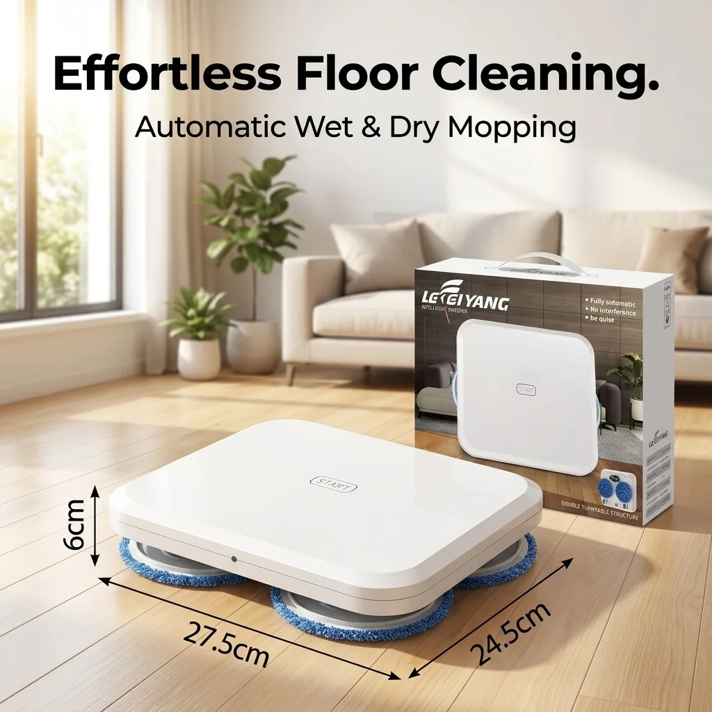 Robot Mop Cleaner, Automatic Dual Turntable Smart Mopping Machine for Hard Floors, Wet and Dry Use, Slim 6cm Low Profile for Under Furniture, Intelligent Home Floor Sweeper, 27.5 x 24.5cm