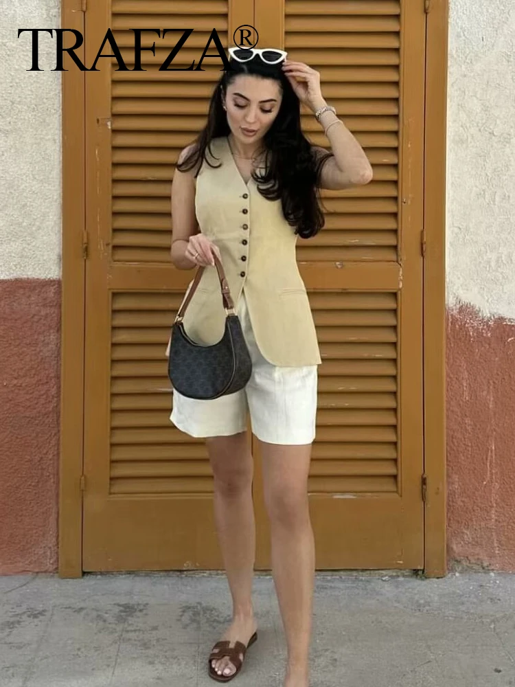 TRAFZA 2024 moda damska kamizelka khaki dekolt w serek kieszenie bez rękawów udekoruj jednorzędowa damska elegancka kamizelka urząd Lady Top