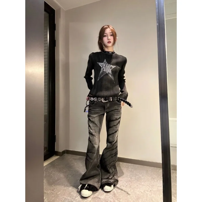 HOUZHOU Gothic Black Star Sweater Women Grunge Autumn Y2k Vintage O-neck Knitted Pullover Goth Short Jumper Kpop Korean Fashion