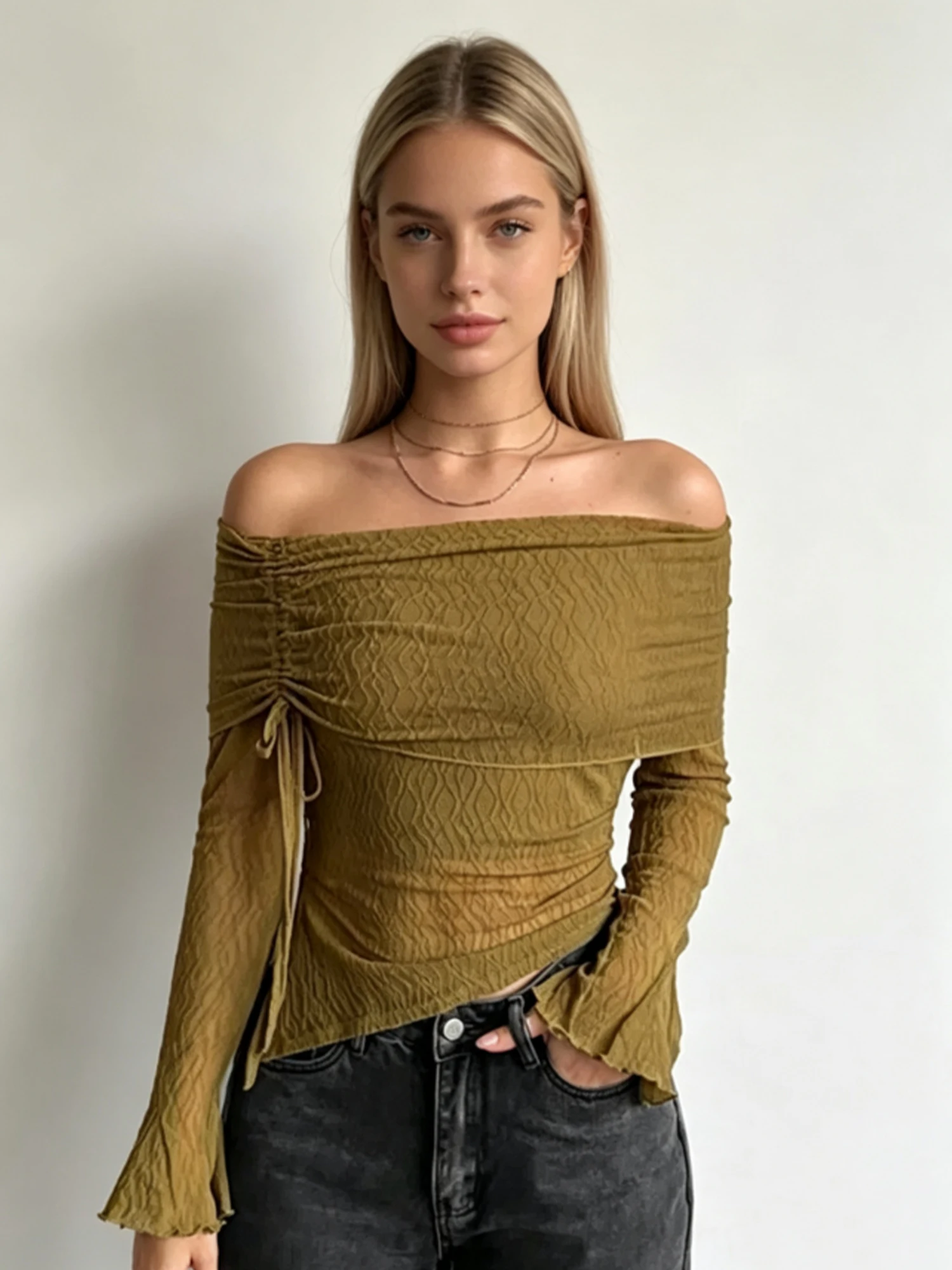 Women Army Green Long Sleeve T-shirt Vintage Y2K Gyaru Long Sleeve Off Shoulder T-shirt Korean Style Cropped Tee Top Summer 2026