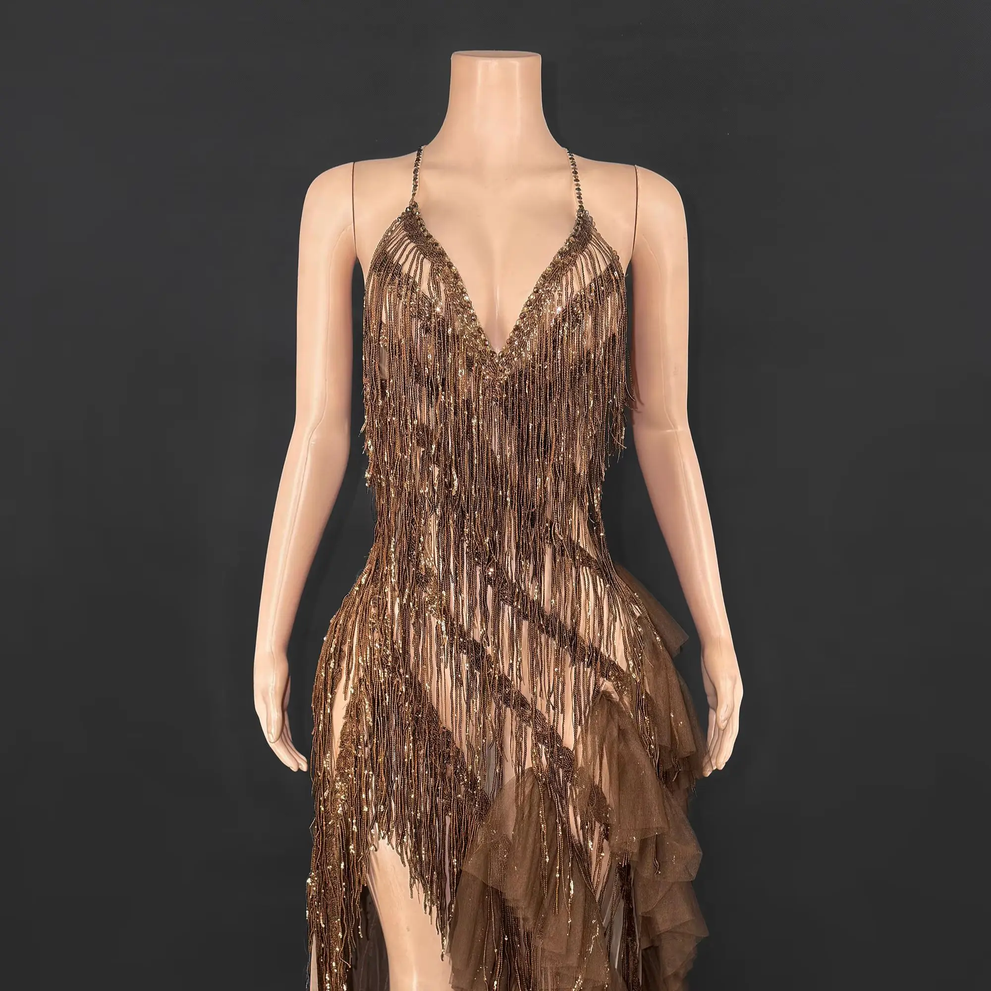 زي ZD للسيدات للحفلات الراقصة، زي أداء المغني والراقص، ملابس المسرح بأحجار الراين الذهبية اللامعة #1