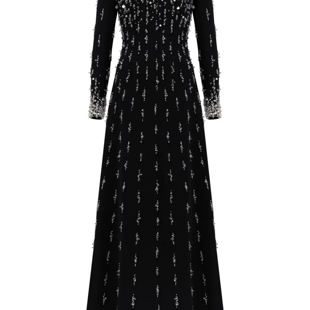 Bella personnalisé noir col rond à manches longues cristal gouttelette embelli coupe ajustée Maxi robes de soirée robes de soirée élégantes