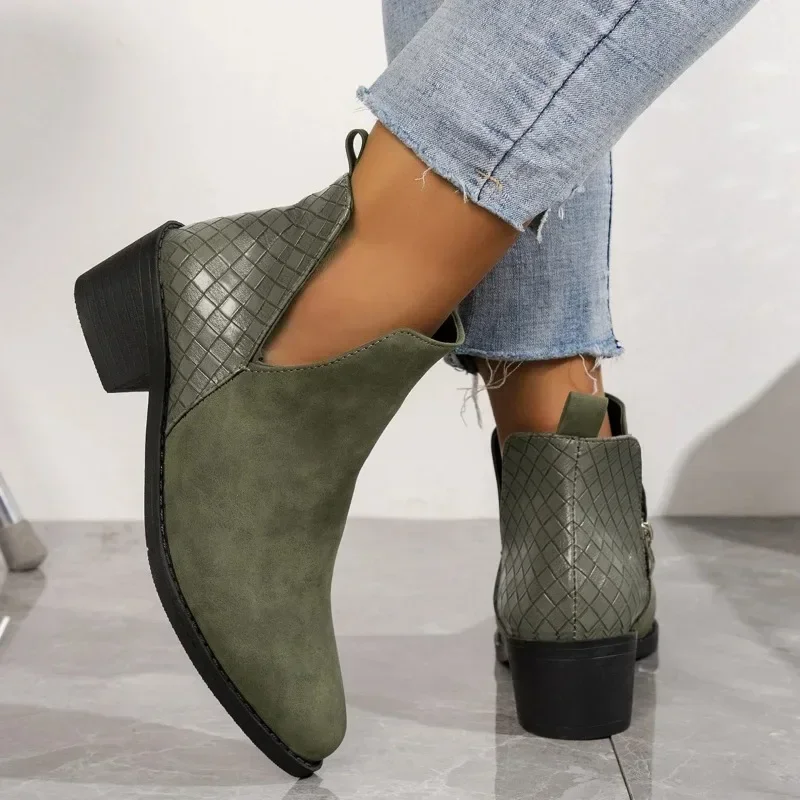 Suede Zipper Ankle Boots for Women 2023 Autumn Pointed Women Shoes Woven Patchwork Female Boot Concise Square Heel Chelsea Boots