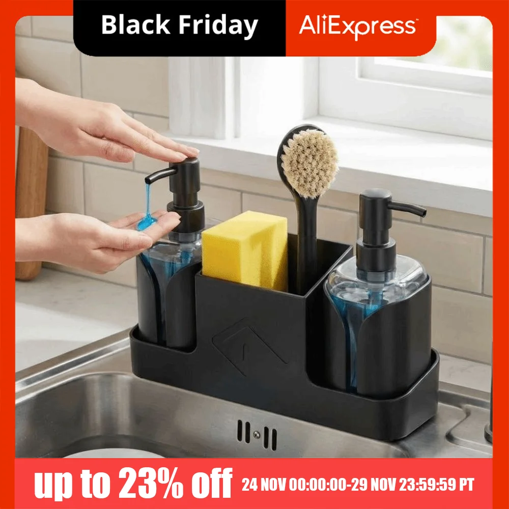 

Refillable Kitchen Soap Dispenser Pump Bottle Sponge Holder Soap Dispenser Set Plastic 2 in 1 Set Storage Tray Home