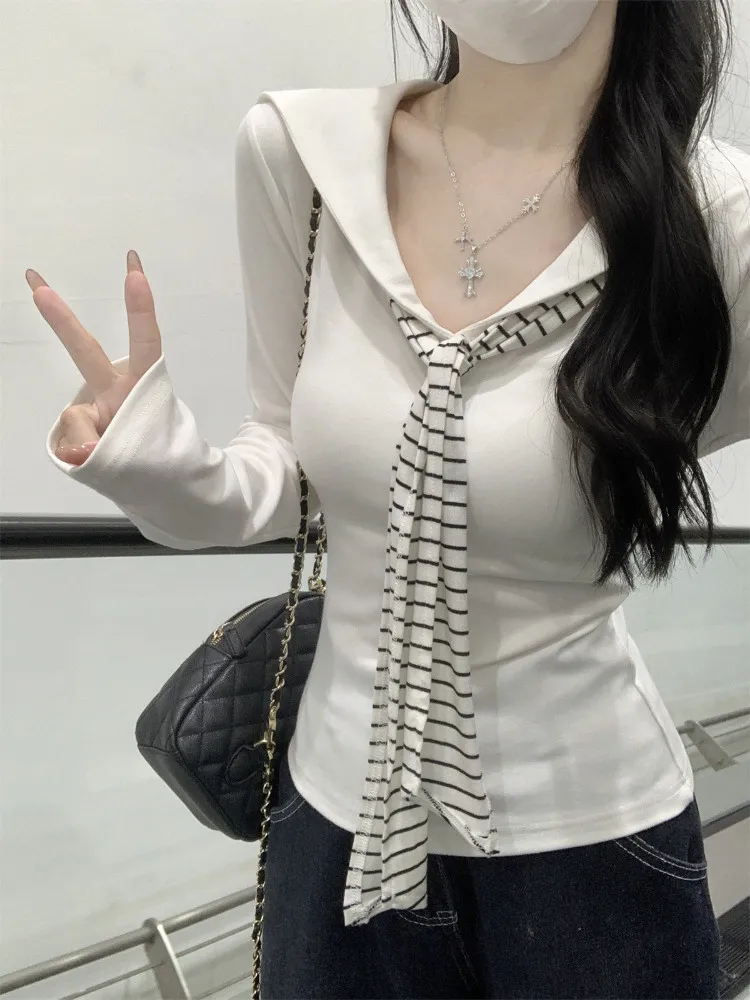 Naval Collar Slim Fit Long Sleeve T-Shirt Color Block Striped Design Belt Detailing Autumn New Style Women's Fashion Top