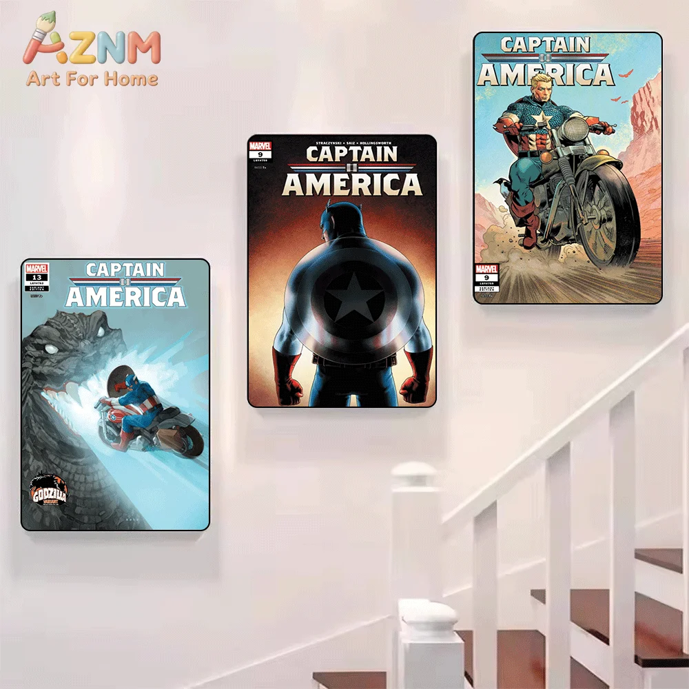 AZNM MARVEL Captain America Comic Canvas Wall Art Frameless Painting Retro Style Home Wall Decor Poster
