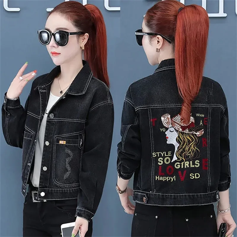 2025 Fashion Denim Jacket Women's Short Coat Spring Autumn Embroidered Sequins Chaqueta Streetwear Outerwear Lady Casual Tops