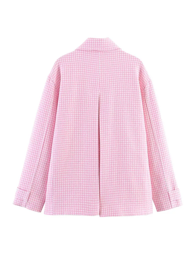 

HH 2026 Woman Elegant Pink Plaid Shirt Top Women Lapel Long Sleeves Single Breasted Pocket Decoration Casual Loose Street Shirt