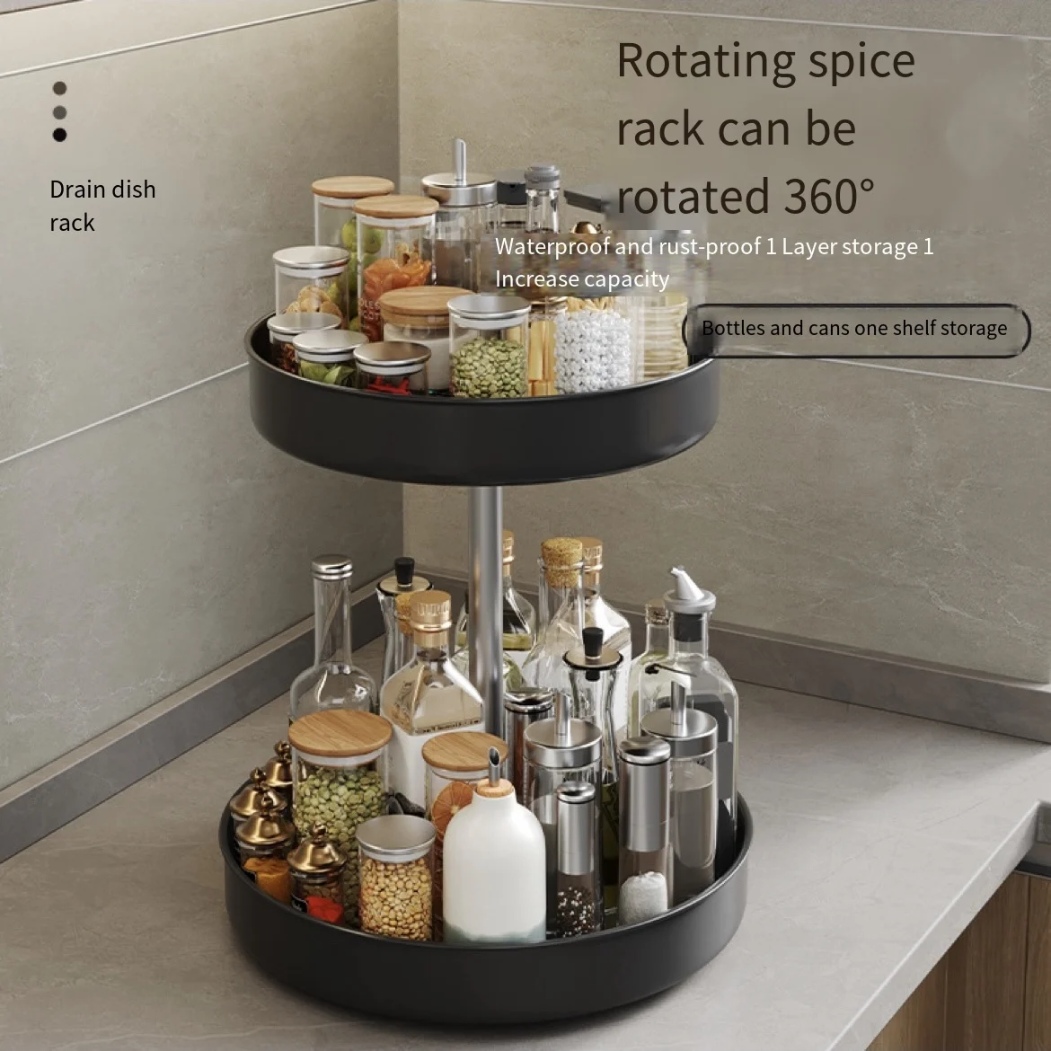 Multifunctional Rotating Multi-Layer Storage Rack, 360 Degrees, Stainless Steel, Seasoning, Soy Sauce and Vinegar