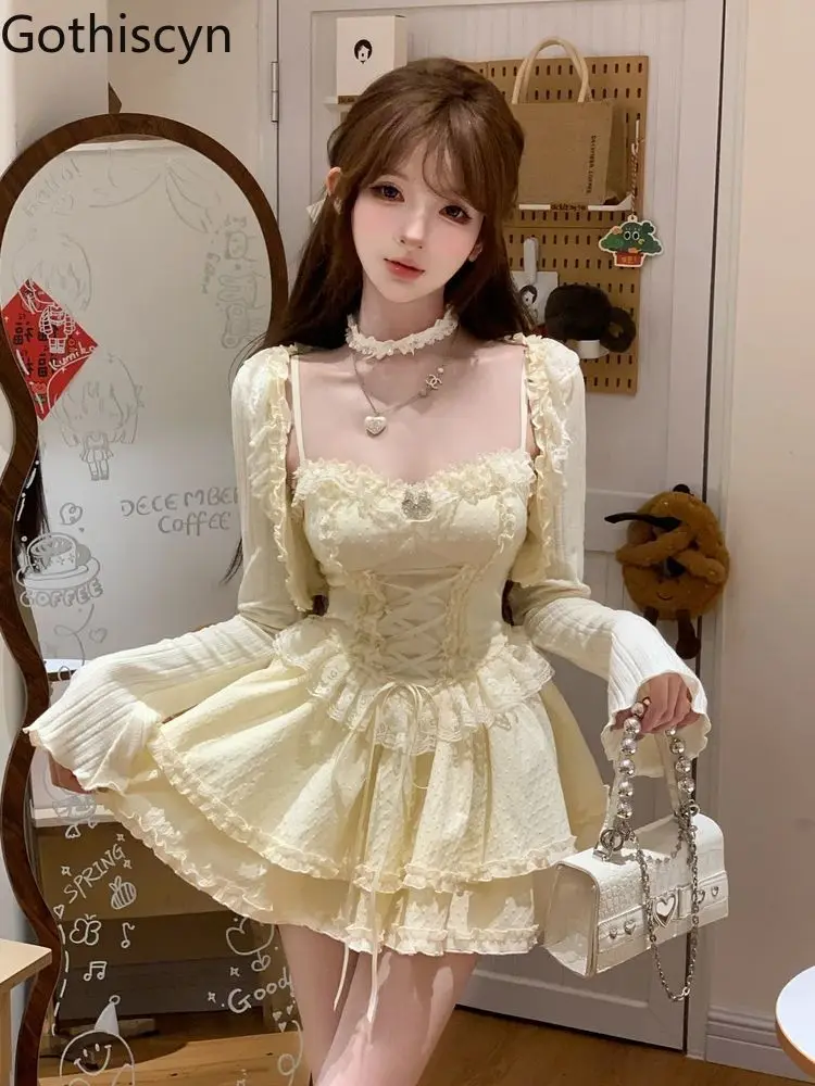 

Gothiscyn Summer Sweet Knitted Cardigan High Waist Slimming Strap Camisole Dress Set Spicy Girl Two Piece Set Women Outfits