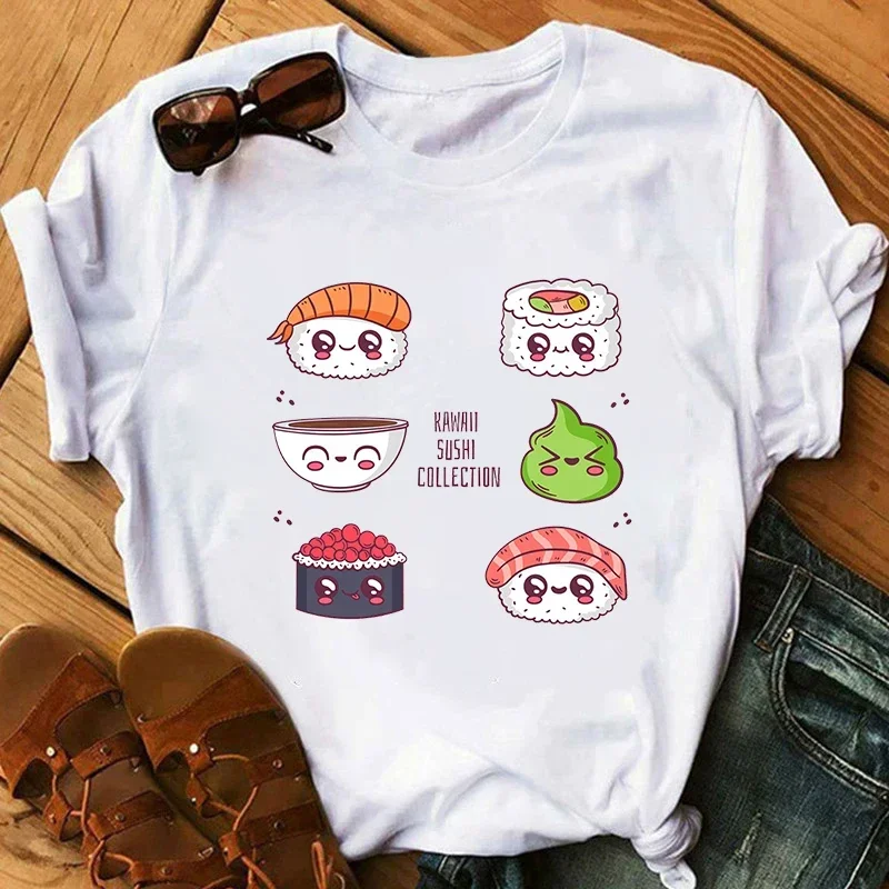 Verão nova adorável sushi impressão senhoras camiseta feminina casual base em torno do pescoço camisa branca de manga curta roupas femininas