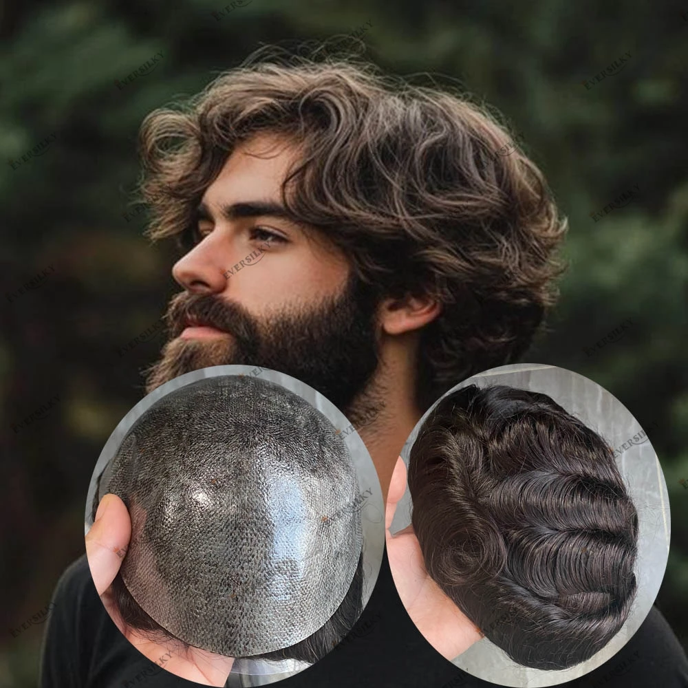 

Мужской парик из натуральных европейских волнистых волос для лысых мужчин, прочный, с имитацией кожи головы, коричневый, с инжекционной основой из ПУ 0,1 мм, протез для волос