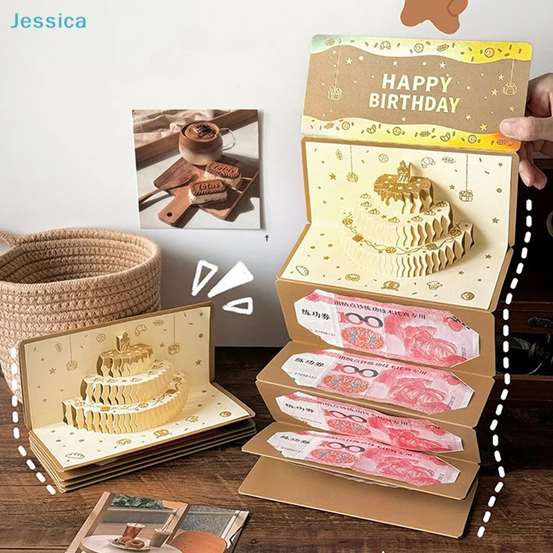 ♥ 3D-Geburtstagskarte mit Geldhalter |   Grußkarte mit goldenem Kuchendesign zum Verschenken