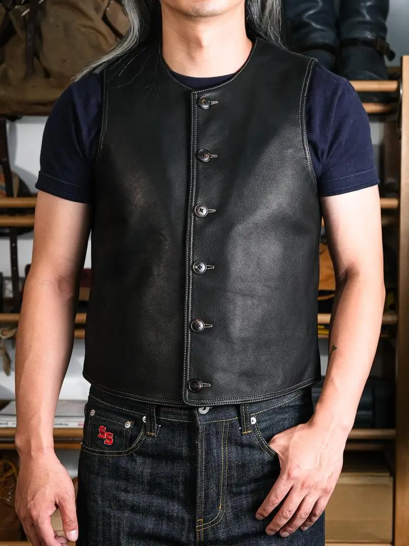 

Water-Dyed Soft Napa Deer Skin War Hammer Vest Uncoated Pure Wool Fce Casual Faion Urban Sle V-Ne Leather Jaet