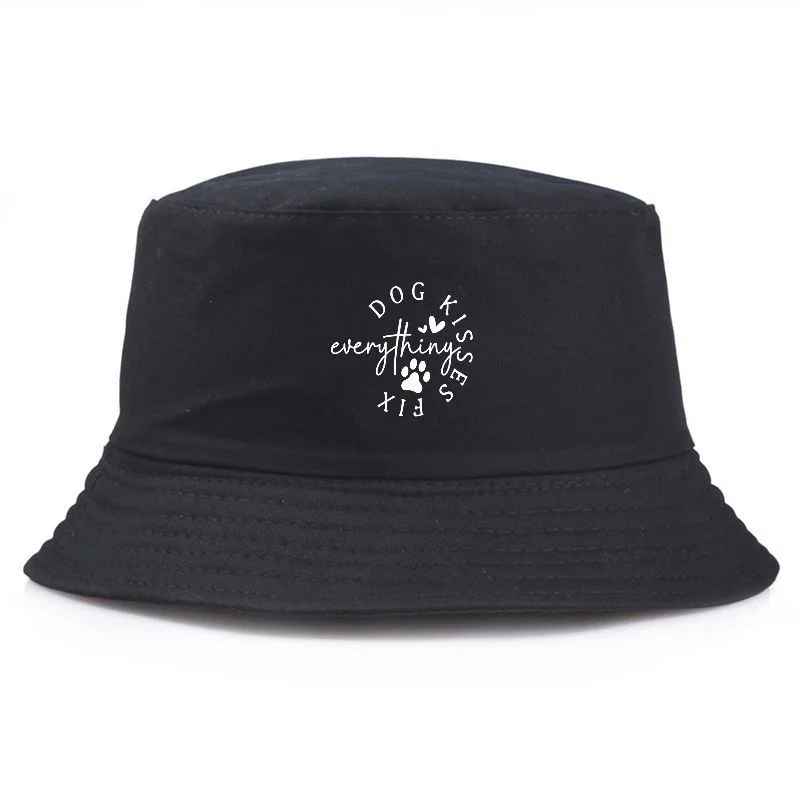 Dog Kisses Print Bucket Hat Cotton Fisherman Cap Y2K Vintage Style Unisex Packable Casual Summer Sun Hat