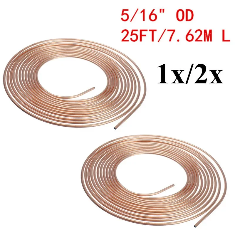 

1x/2x 25ft 7.62m Car Roll Tube Coil of 5/16" OD Iron Plating Copper Brake Pipe Hose Line Piping Tube Tubing Anti-rust Universal