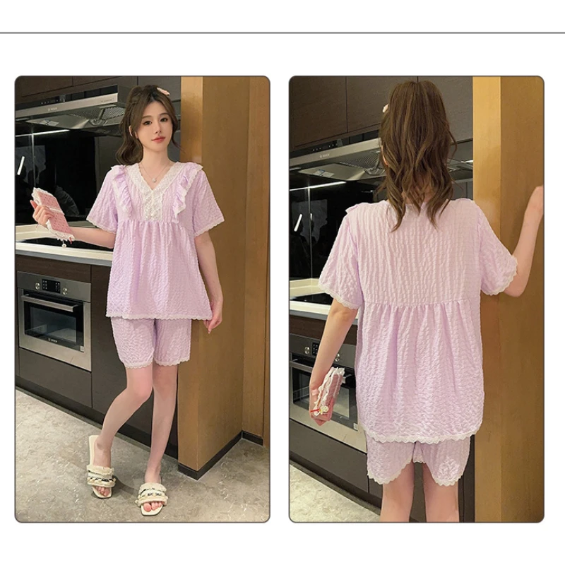 Plus Size Women Pajamas Set Sweet Korean Style Loungewear Summer Loose Homewear Thin Short Sleeved Tee & Shorts Two Piece Pj Set