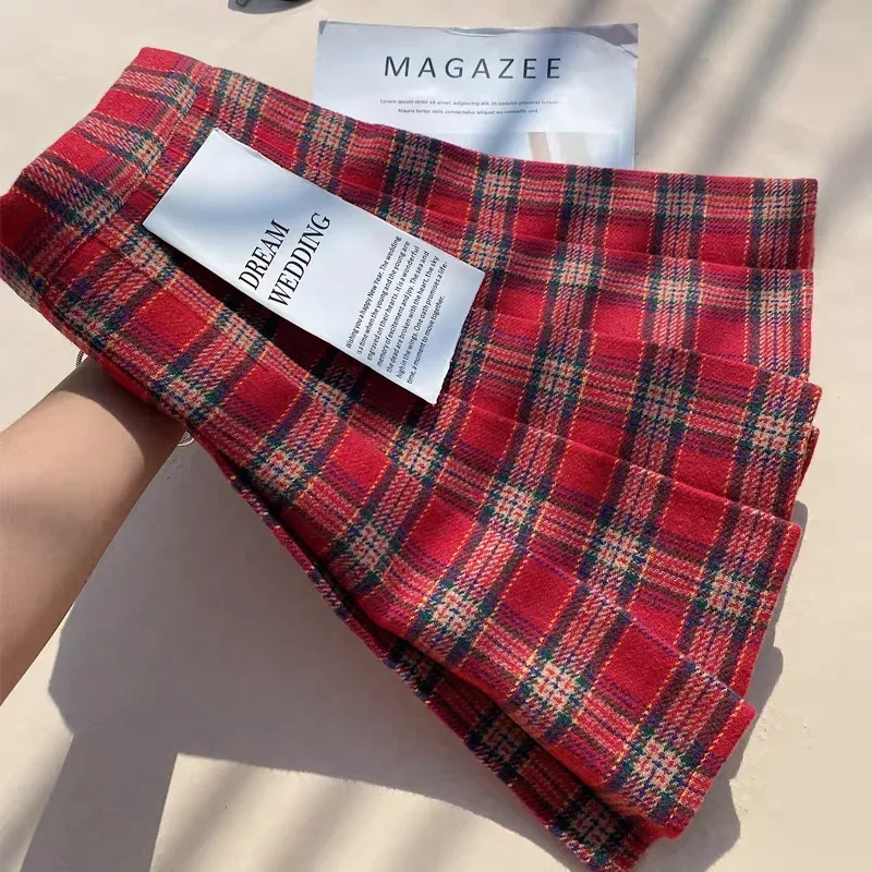 Checkered woolen pleated skirt new autumn and winter anti glare high waist slimming college short skirt  korean style