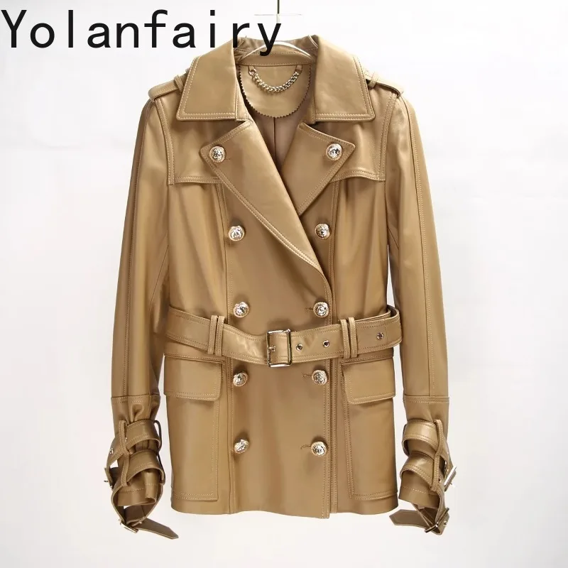 

Real Sheepskin Leather Trench Coat for Women 2024 Spring Autumn Elegant Genuine Leather Jacket Double-breasted Womens Clothing