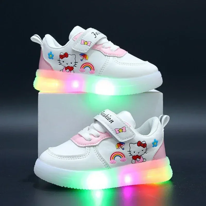 Spring Autumn Baby Girls Hello Kitty Led Light Shoes Children\'s Sneakers Toddler Anti-slip Walking Shoes Girls Outdoor Shoes