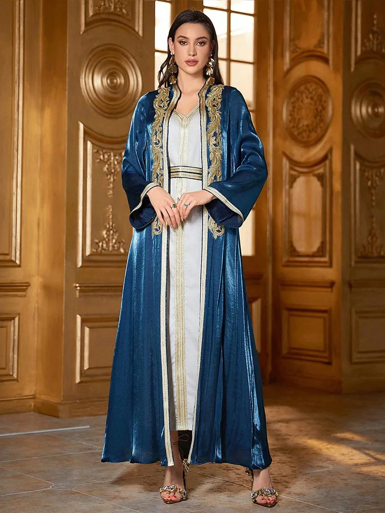 

Dubai Open Abayas Muslim Women Inner Dress Two Piece Set Eid Djellaba Ramadan Marocain Femme Caftan Kimono Jalabiya Kaftan Dubai