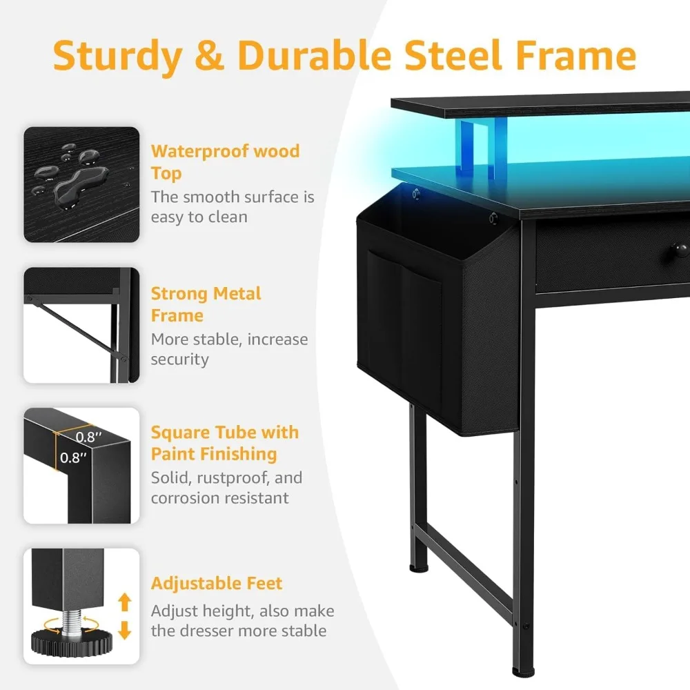 Meja Komputer Hitam dengan Rak dan Laci - Meja Kantor Rumah 47 Inci dengan Laci dan Rak, Meja Hitam Kecil dengan Rak,