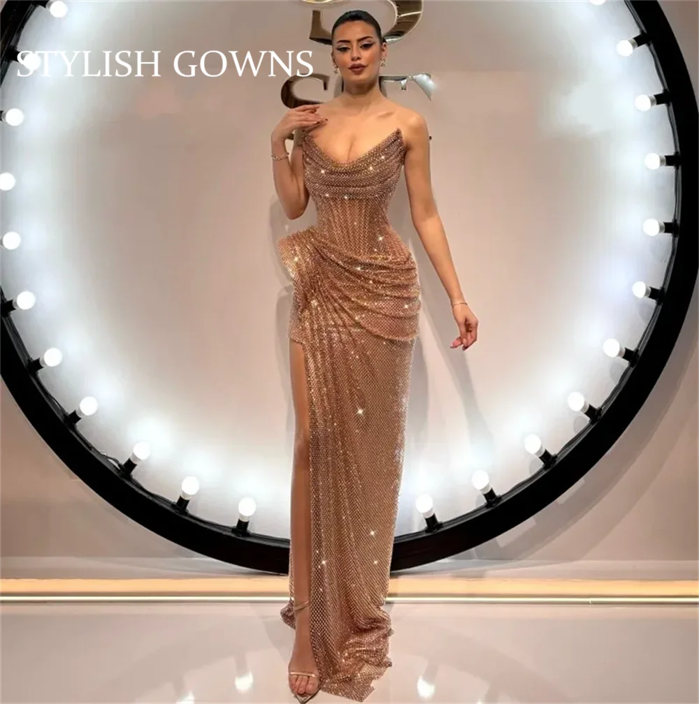

Rose Gold Mermaid Evening Dresses For Women Sweetheart Arabic Dubai Wedding Party Dress Gala Crystal Prom Gowns Customized