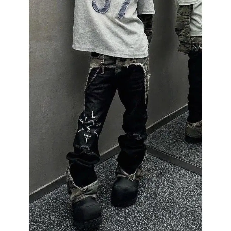 

American Street Sle Camouflage Patchwork Loose Fit Jeans Men's Casual Straight Leg Retro Denim Pants with Hole at Crotch