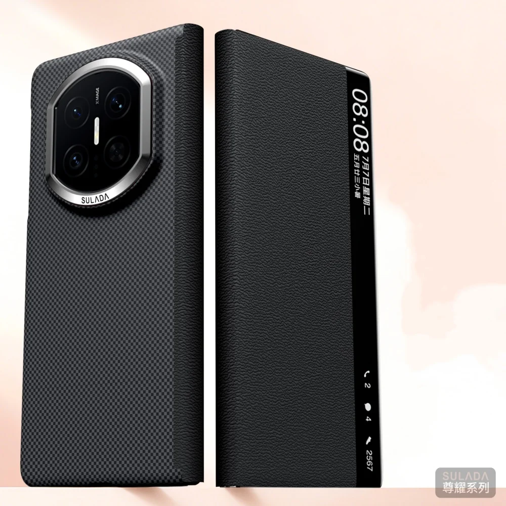 Luxury Carbon Fiber Pattern Leather Flip Case For Huawei Mate X5 X6 X7 Window View Cover