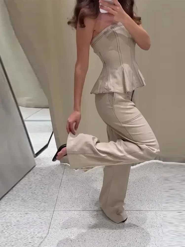 

Элегантный плиссированный жилет, широкие брюки, новинка лета 2025, женские длинные брюки, костюмы, модный топ на бретелях с рюшами, свободные брюки