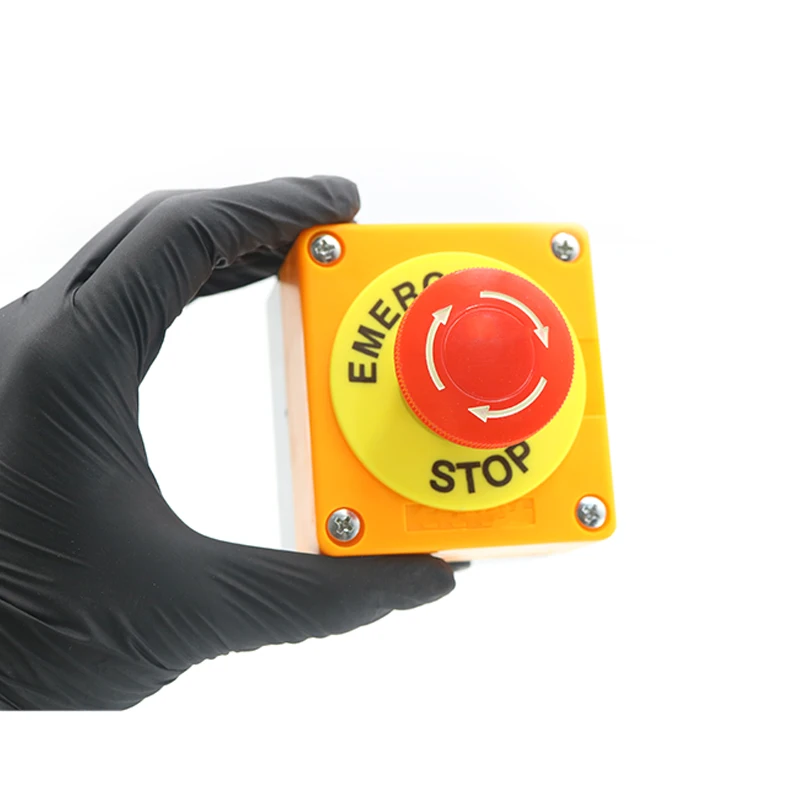 Industrial Emergency Stop Switch Mushroom Head Button , NO NC Contact, AC660V 10A, Plastic Enclosure with Single Hole Moun