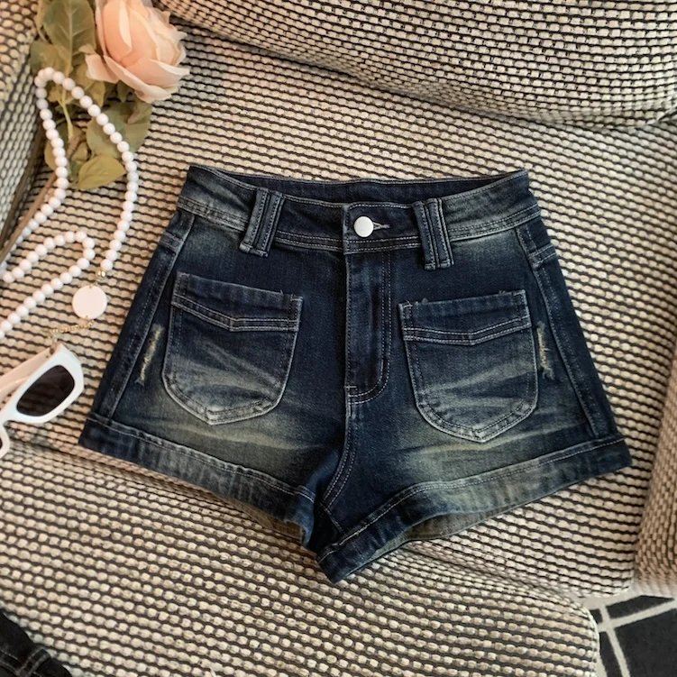 

Модные женские джинсовые шорты с высокой талией и широкими штанинами, летние, в американском ретро-стиле, прямого кроя, синие, из денима