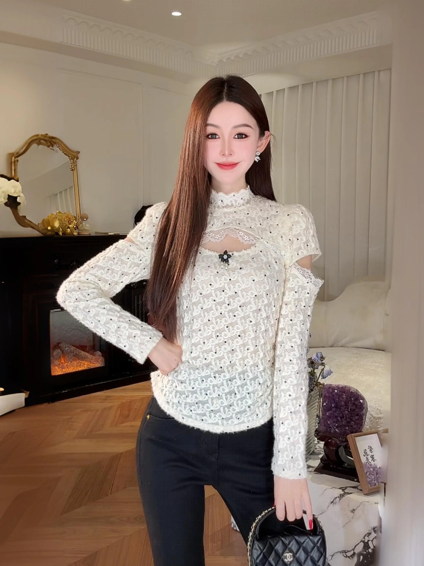 

Женский эластичный топ Ele Mane Tea Par Design Sensation с 3D-принтом в горошек, вырезами и длинными рукавами из нейлонового кружева