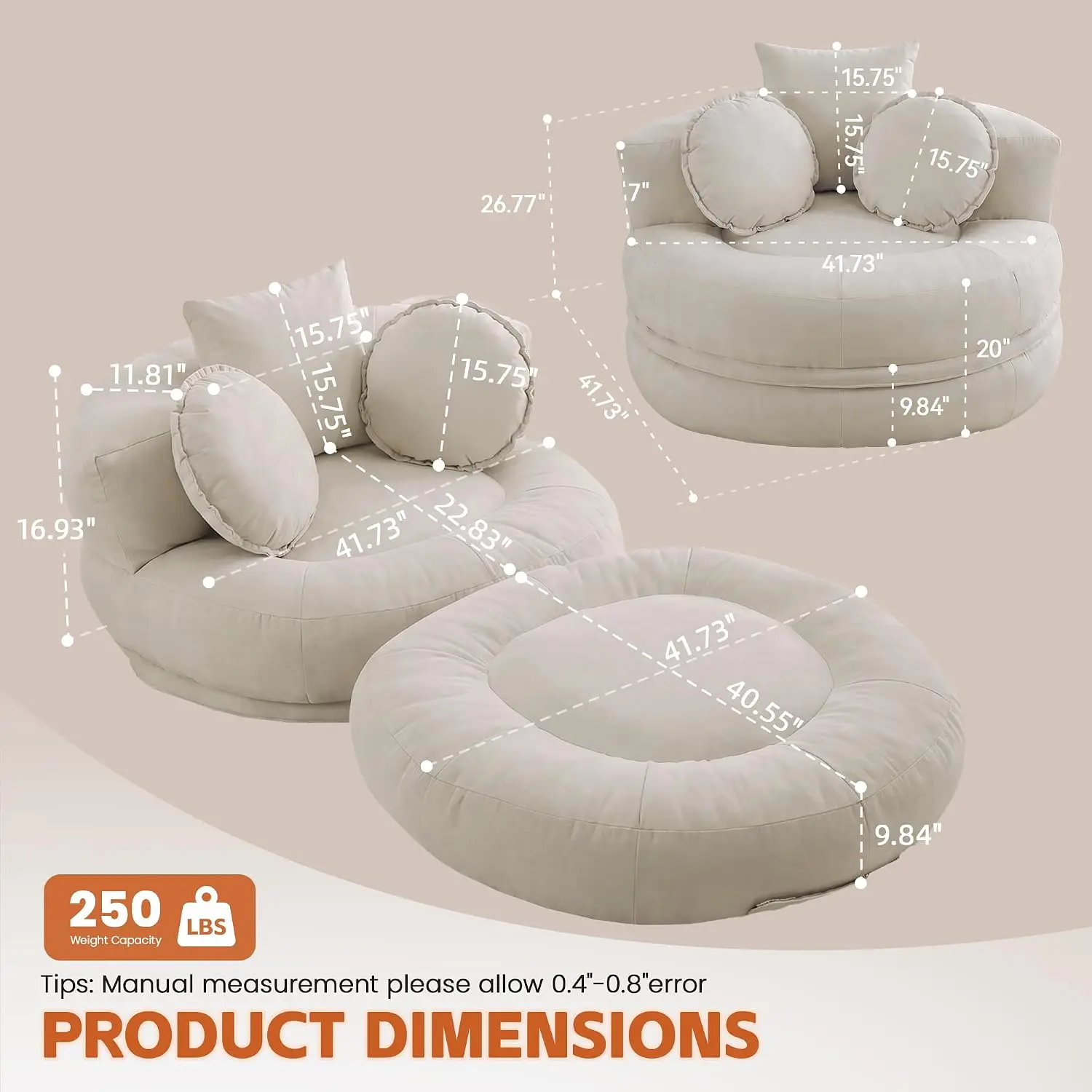 Boneless Convertible Round Floor Sofa Chair with Expandable Seat, Beige | Oversized Lounge Seating, High-density, Customized