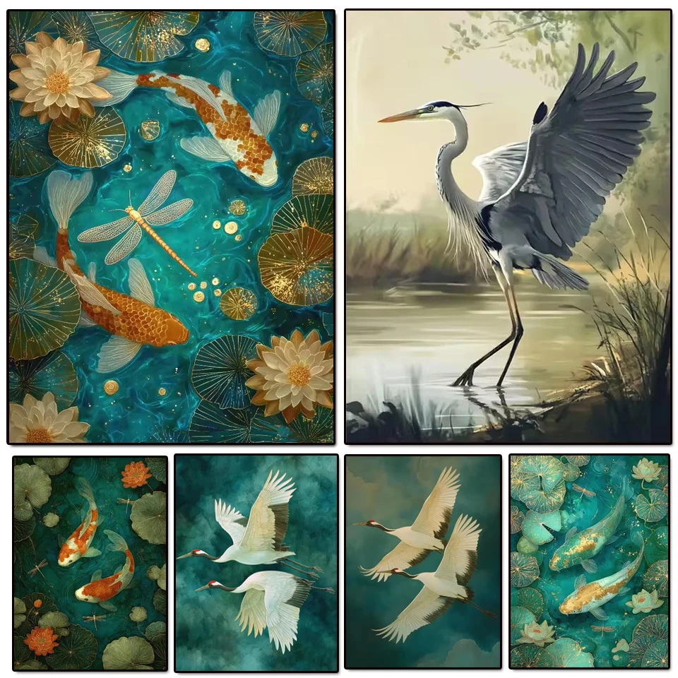 5D Diamond Painting Kit Japanese Koi Fish Red Crowned Crane Full Diamond Art DIY Mosaic Cross Stitch Bedroom Kitchen Home Decor