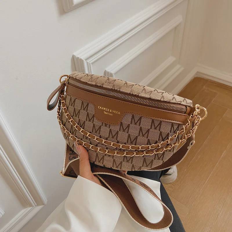Wydrukowano list wzór w kratkę Fanny Pack dla kobiet modny łańcuszek na talię torba damska saszetka biodrowa damska szeroka torba na pasku typu Crossbody
