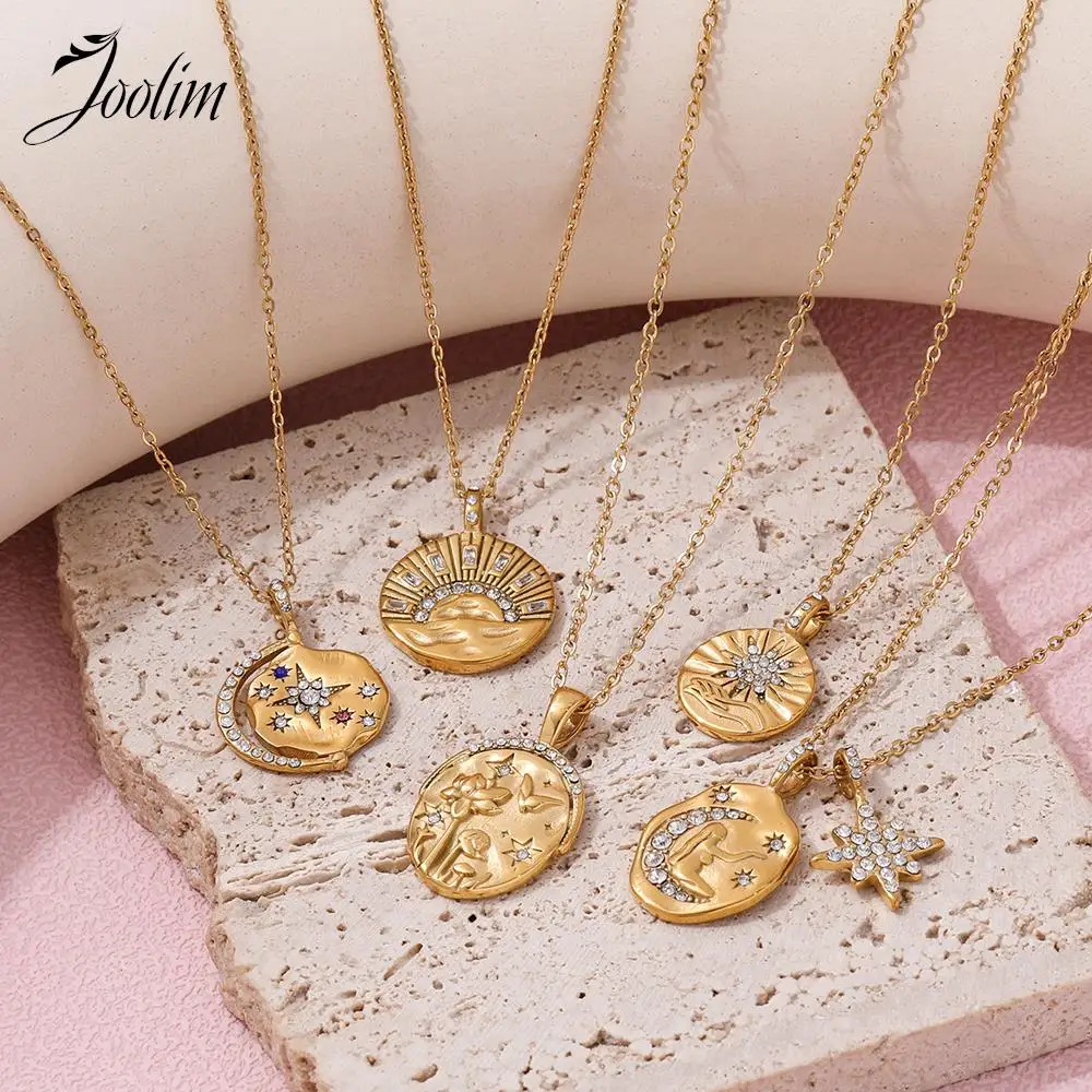 Joolim Jewelry Wholesale No Fade Elegant Vintage Crescent Star Sun Burst Zirconia Pendant Stainless Steel Necklace for Women