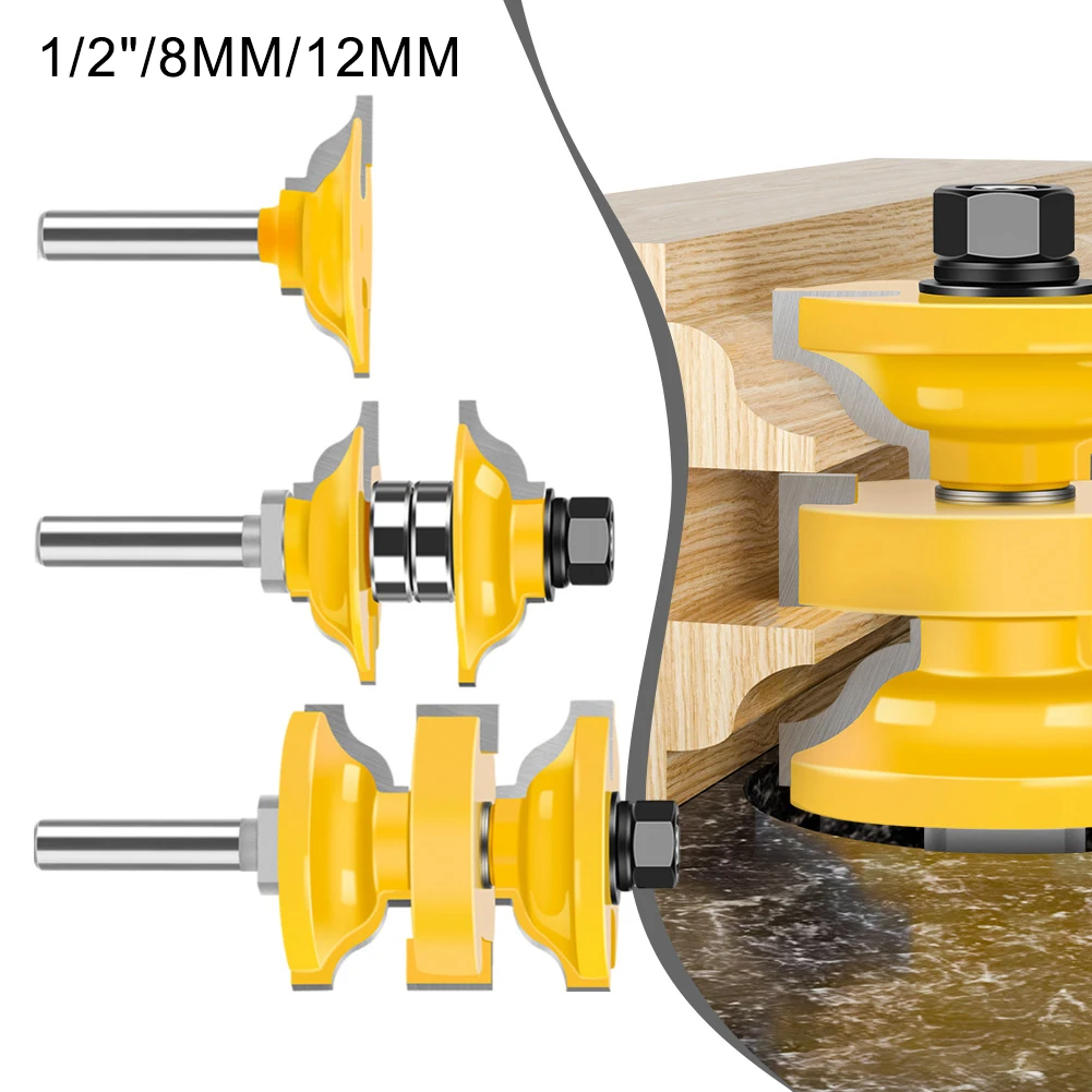 3pcs Alloy Router Bit Set Interior Mortise Door Milling Cutter 8mm 12mm 1/2in Handle Tools Tools Yellow Silver