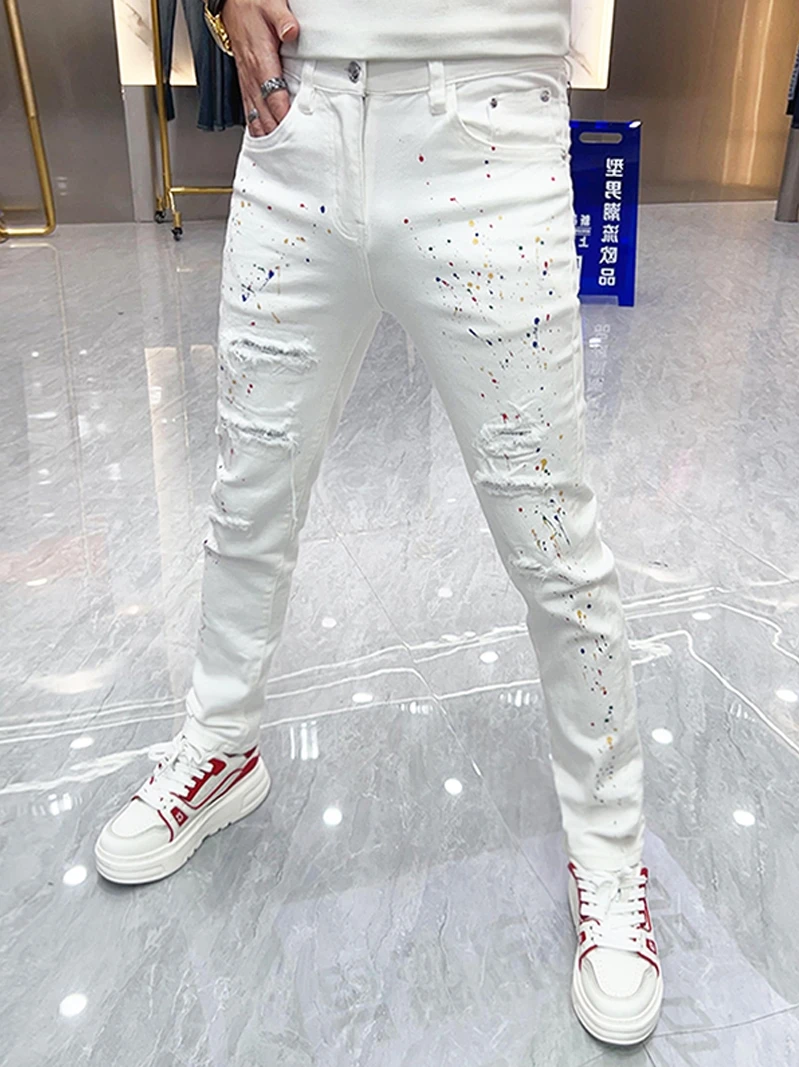 

White Denim Jeans Men's Casual Slim Fit Long Pants Autumn Winter New Sle Faion Brand Patch Work hine Waed High Elast...