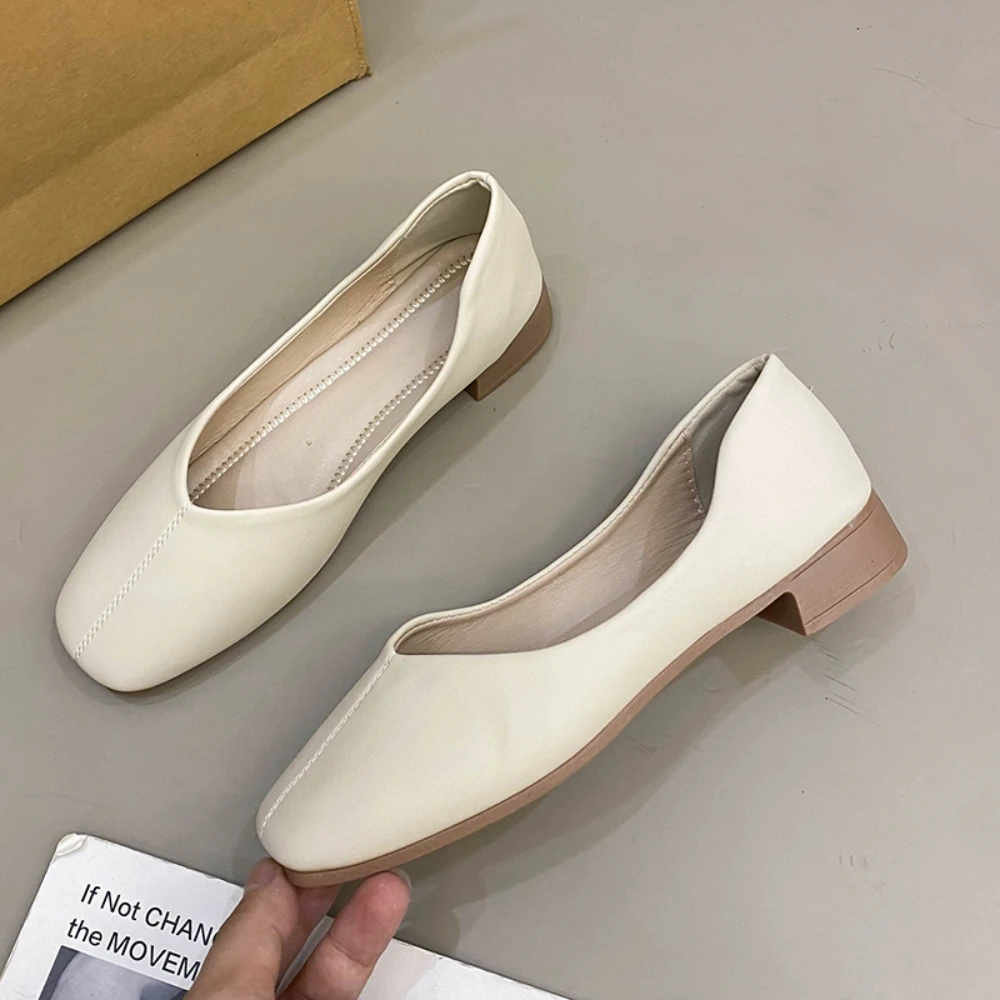 Single Shoes Women's Spring and Autumn New Square Head Shallow Mouth Bean Shoes Fashion Elegant Comfortable Women's Flat Shoes