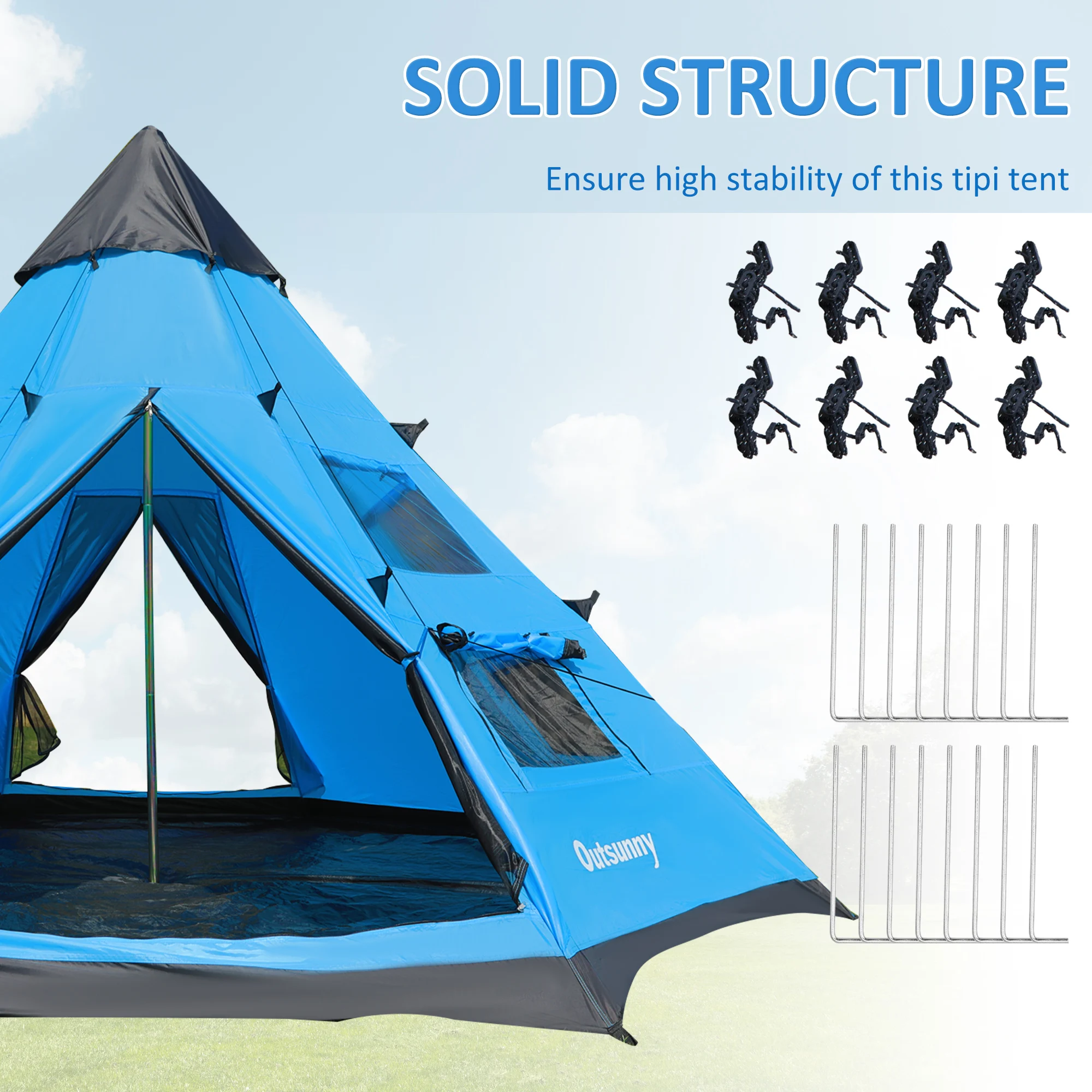Outsunny 6 Men Tipi Tent, Camping Tent, Teepee Family Tent with Mesh Windows, Sewn-in Tent Floor, Two Doors and Carry Bag