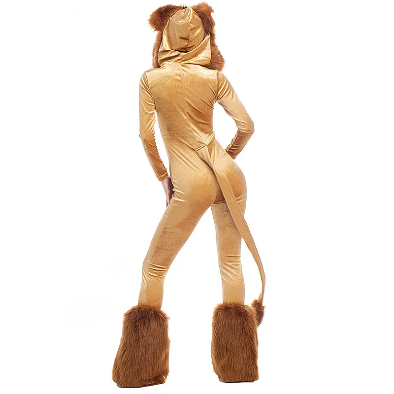 Tuta con cappuccio in peluche con leone cartone animato animale con coda + copertura per le gambe Costume di Halloween per donne adulte Re leone Cosplay