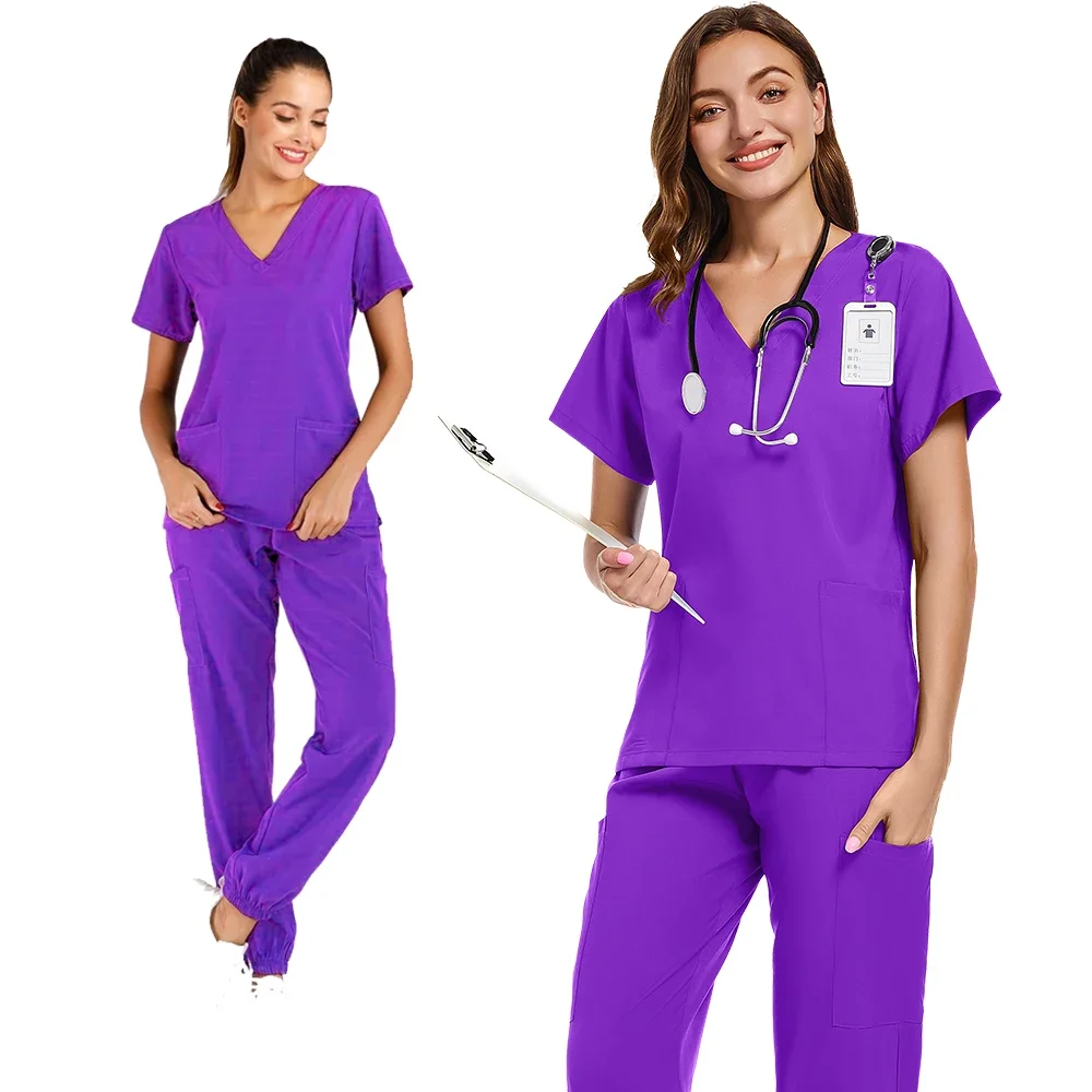 Uniformi mediche Donna Medico ospedaliero Infermiera Abbigliamento da lavoro Scollo a V Scrub Top Pantaloni da jogging Tute di bellezza chirurgica infermieristica di alta qualità