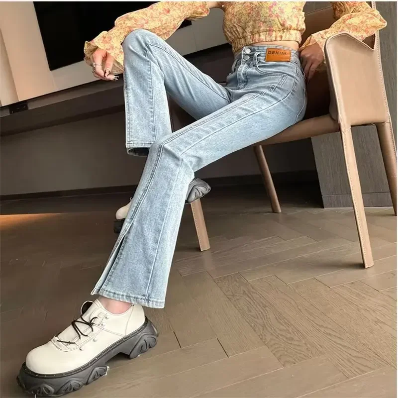 VintageChic Women's High-Waisted Elastic Slimming Jeans Spring-Autumn Side Slit Petite Microbell Bottom Pants Three-Quarter Leng